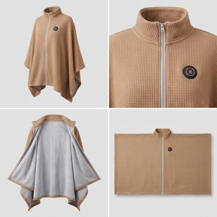 Wearable heated shawl, fabric and zip-up design