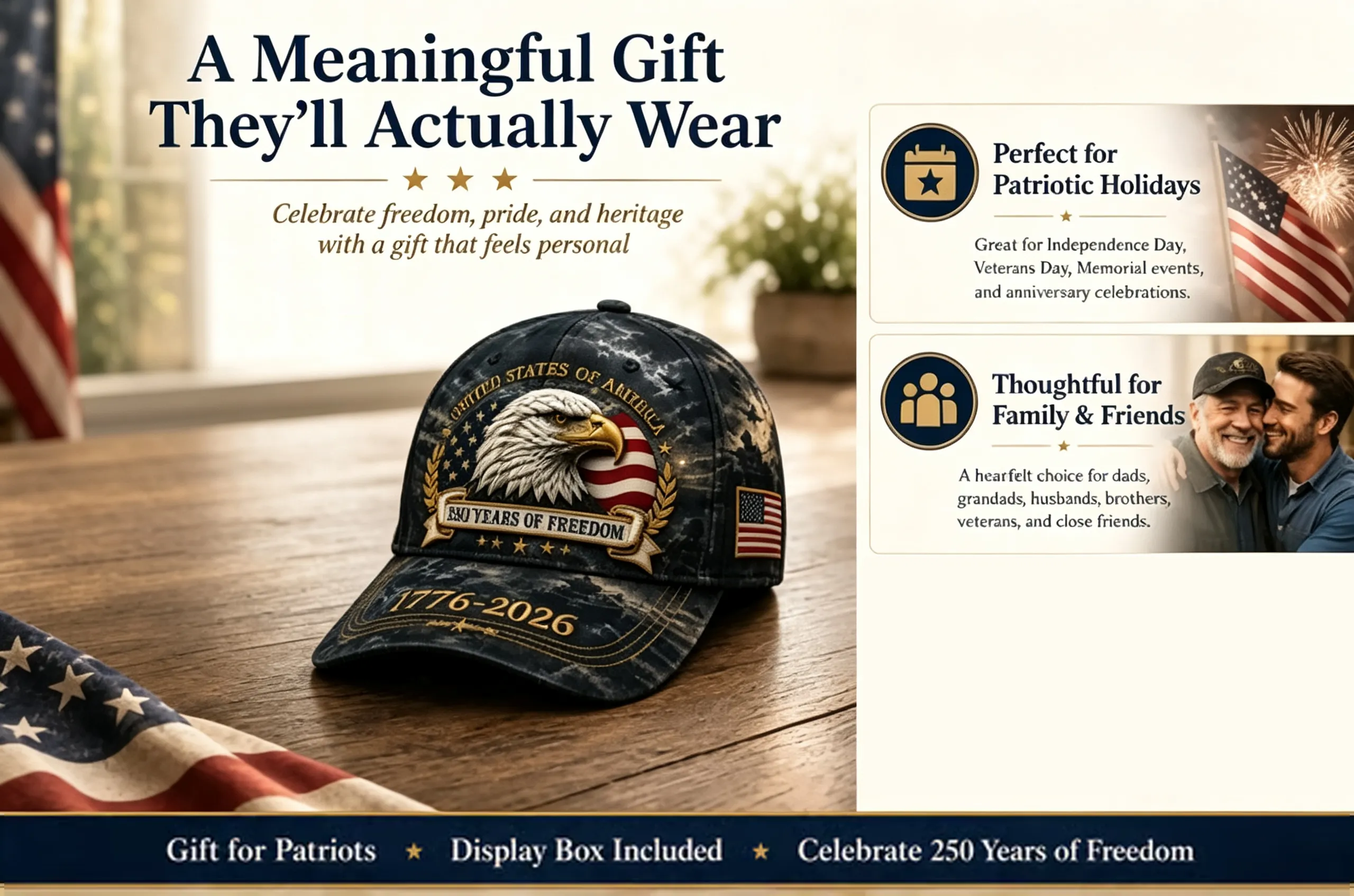 Printed Patriotic Vintage Baseball Hat – 1776–2026 American Tribute Edition