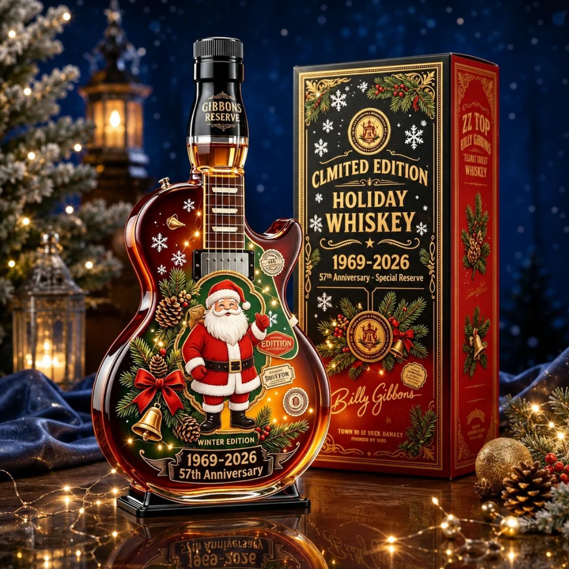 🎸Limited Edition Winter Reserve Design With 3D Guitar Shape, Amber Glow Finish & Festive Holiday Artwork 🥃✨