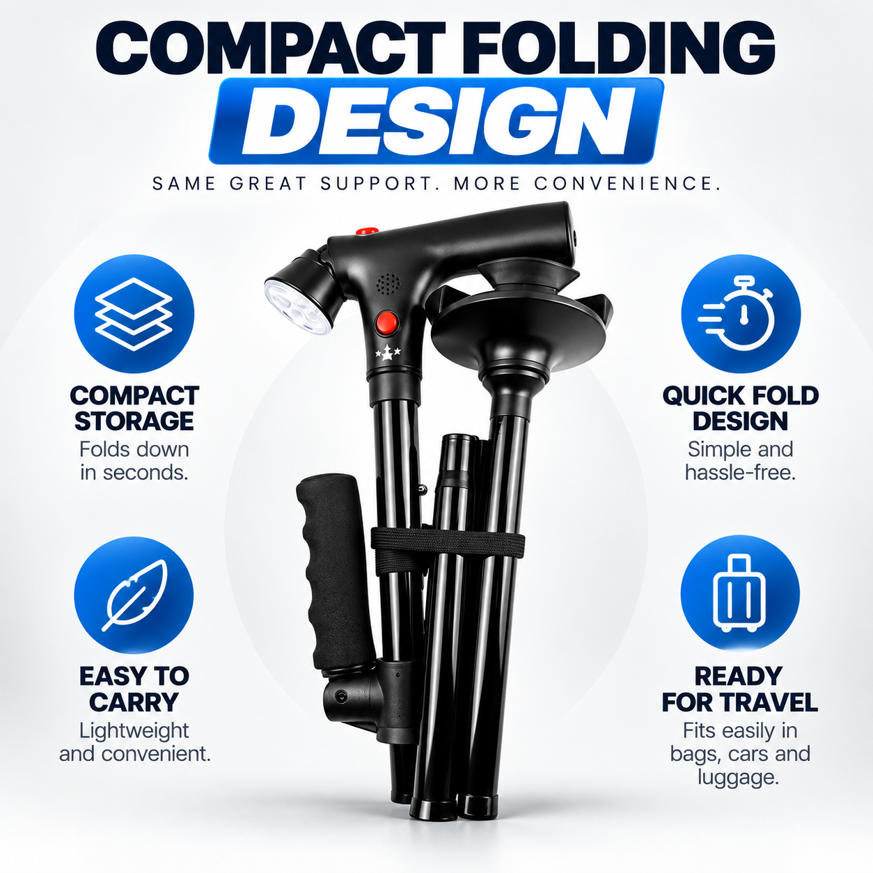 🦯💡 Multifunction Folding Walking Cane – Built-In Light, Emergency Alarm, Quad Base & 5-Level Height Adjustment✨