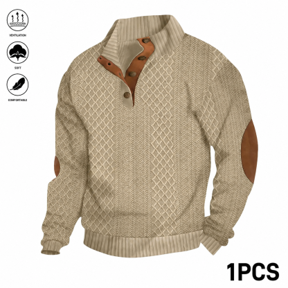 Men's Jacquard Stand Collar Long Sleeve Henley Tops