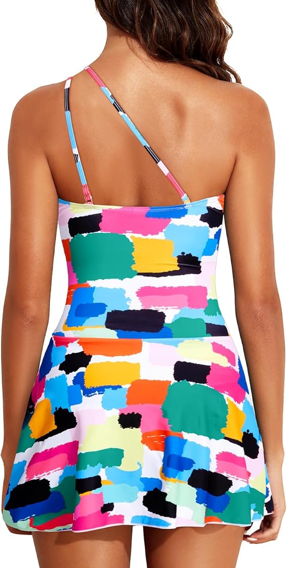 Women One Piece Swim Dress One Shoulder Swimsuit with Skirt Tummy Control Swimdress Bathing Suit
