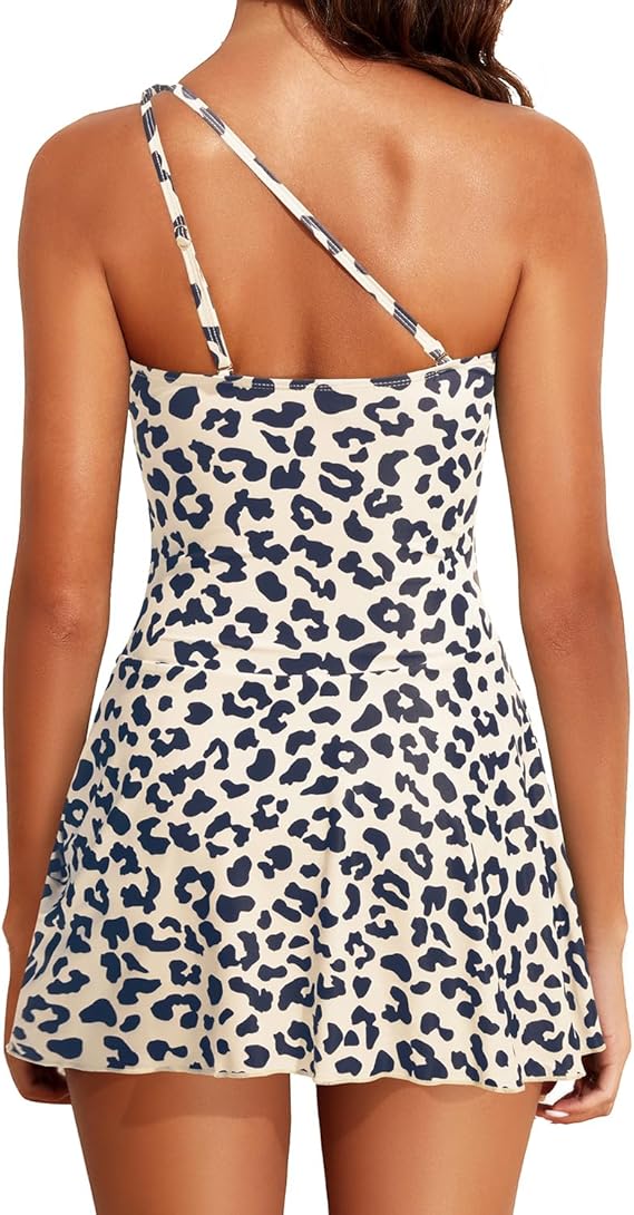 Women One Piece Swim Dress One Shoulder Swimsuit with Skirt Tummy Control Swimdress Bathing Suit