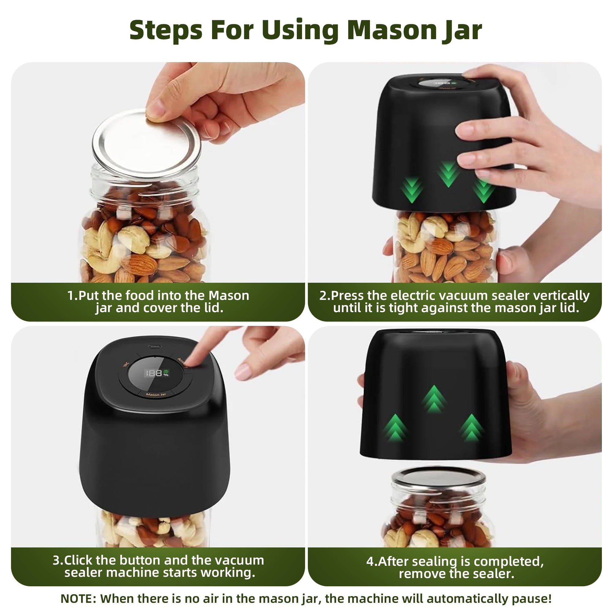 3 in 1 Electric Mason Jar Vacuum Sealer Kit with External Assembly Vacuum Pump for Food Storage, Automatic Vacuum Sealer for Vacuum Bag, Wine Bottle, Wide Mouth and Regular Mouth Mason Jars