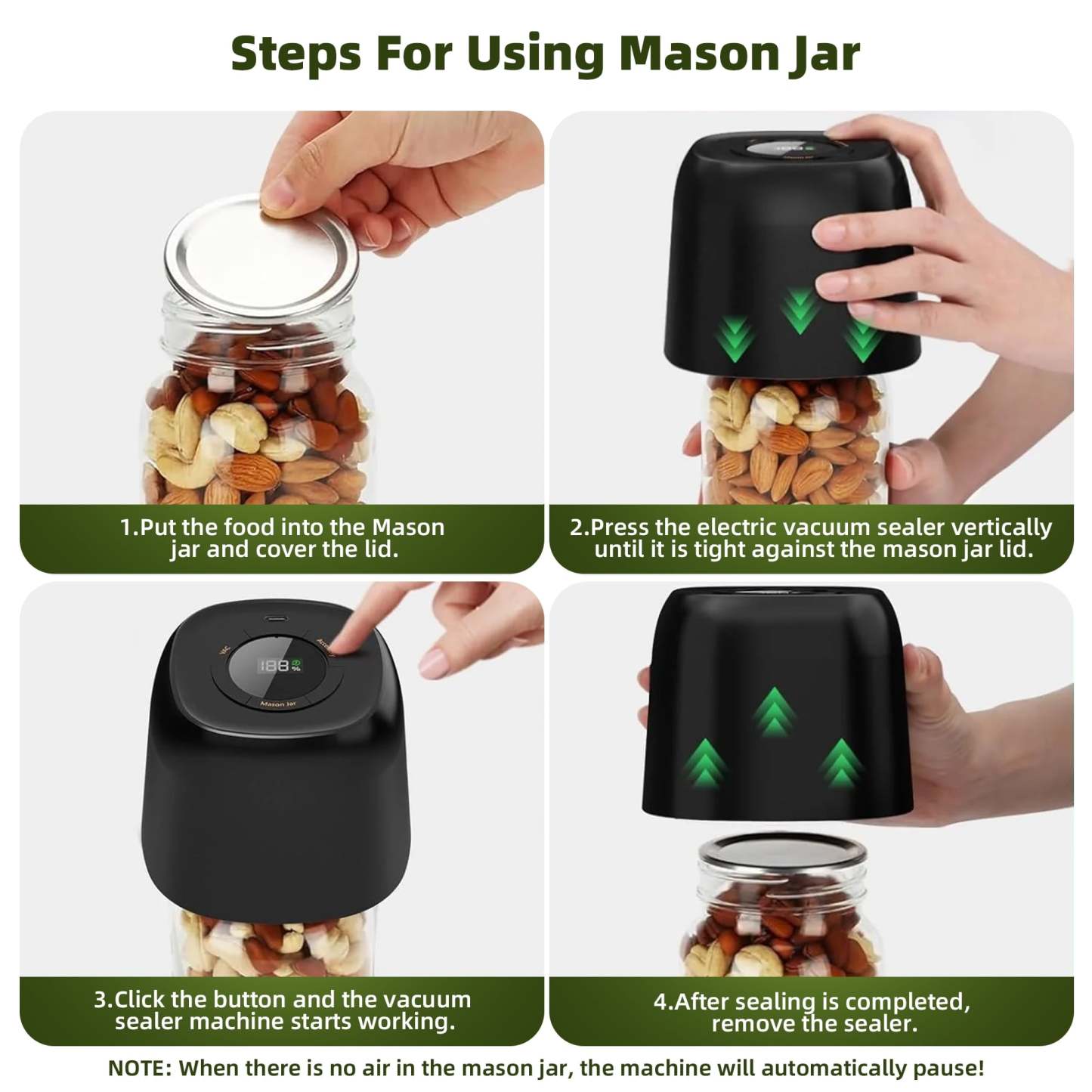 3 in 1 Electric Mason Jar Vacuum Sealer Kit with External Assembly Vacuum Pump for Food Storage, Automatic Vacuum Sealer for Vacuum Bag, Wine Bottle, Wide Mouth and Regular Mouth Mason Jars