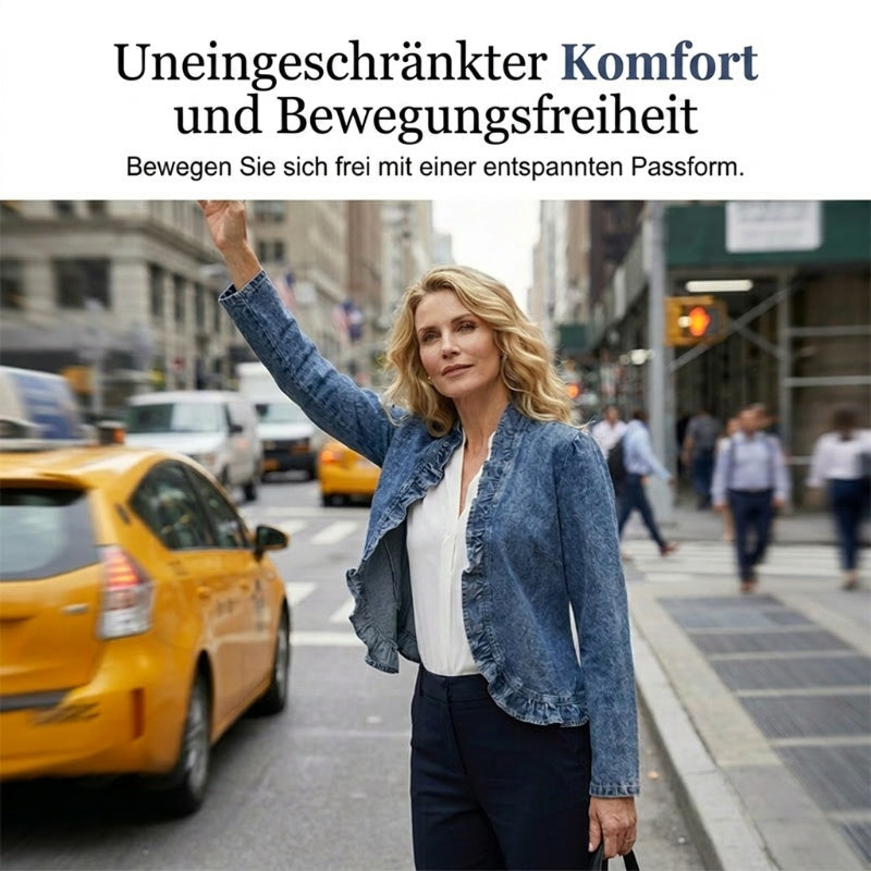 🧥 LIMITED-TIME 50% RABATT! ✨ Damen-Jeansjacke – Rüschenbesatz, Offenes Vorderteil, Leicht, Vielseitig ✨