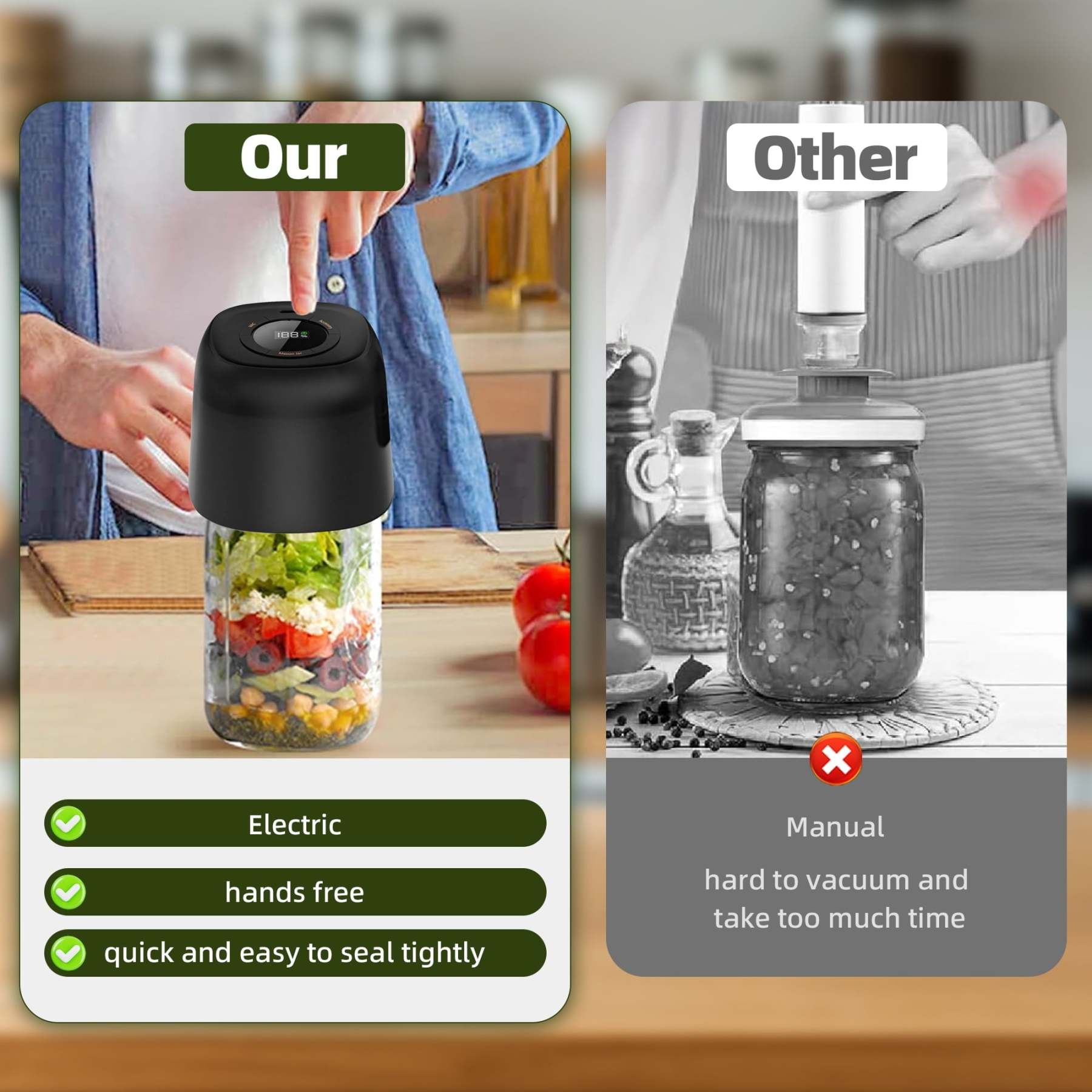 3 in 1 Electric Mason Jar Vacuum Sealer Kit with External Assembly Vacuum Pump for Food Storage, Automatic Vacuum Sealer for Vacuum Bag, Wine Bottle, Wide Mouth and Regular Mouth Mason Jars