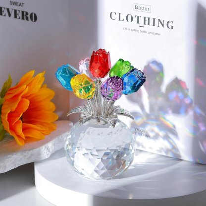 🔥Last Day 50% OFF - ❤️🌹Crystal Colorful Rose Flower Collectible Figurine with Vase