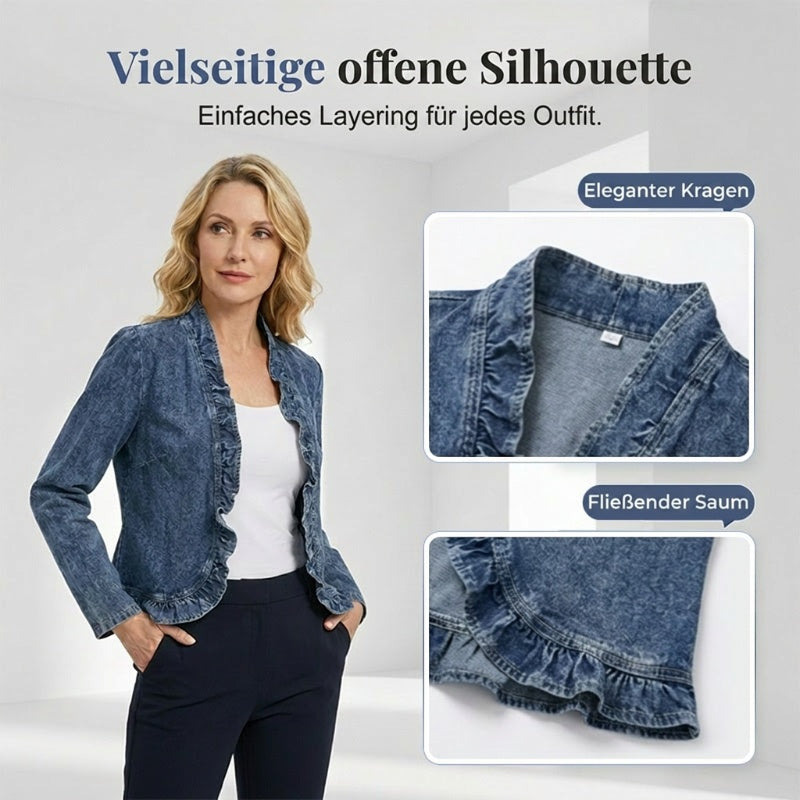 🧥 LIMITED-TIME 50% RABATT! ✨ Damen-Jeansjacke – Rüschenbesatz, Offenes Vorderteil, Leicht, Vielseitig ✨