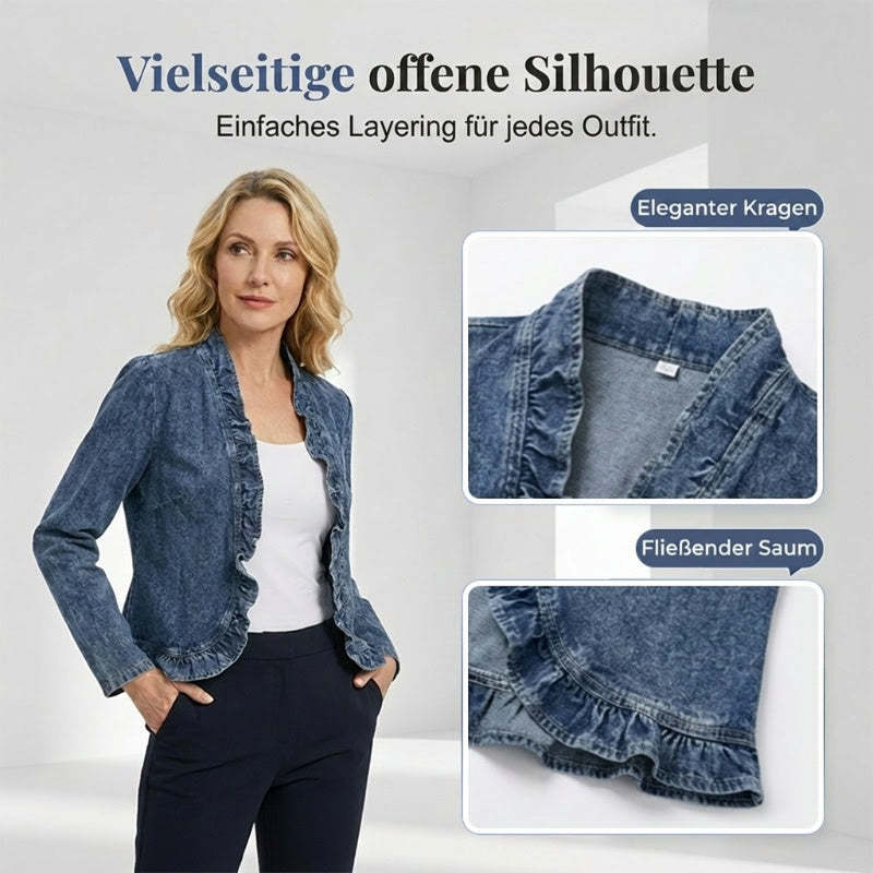 🧥 LIMITED-TIME 50% RABATT! ✨ Damen-Jeansjacke – Rüschenbesatz, Offenes Vorderteil, Leicht, Vielseitig ✨