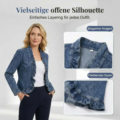 🧥 LIMITED-TIME 50% RABATT! ✨ Damen-Jeansjacke – Rüschenbesatz, Offenes Vorderteil, Leicht, Vielseitig ✨