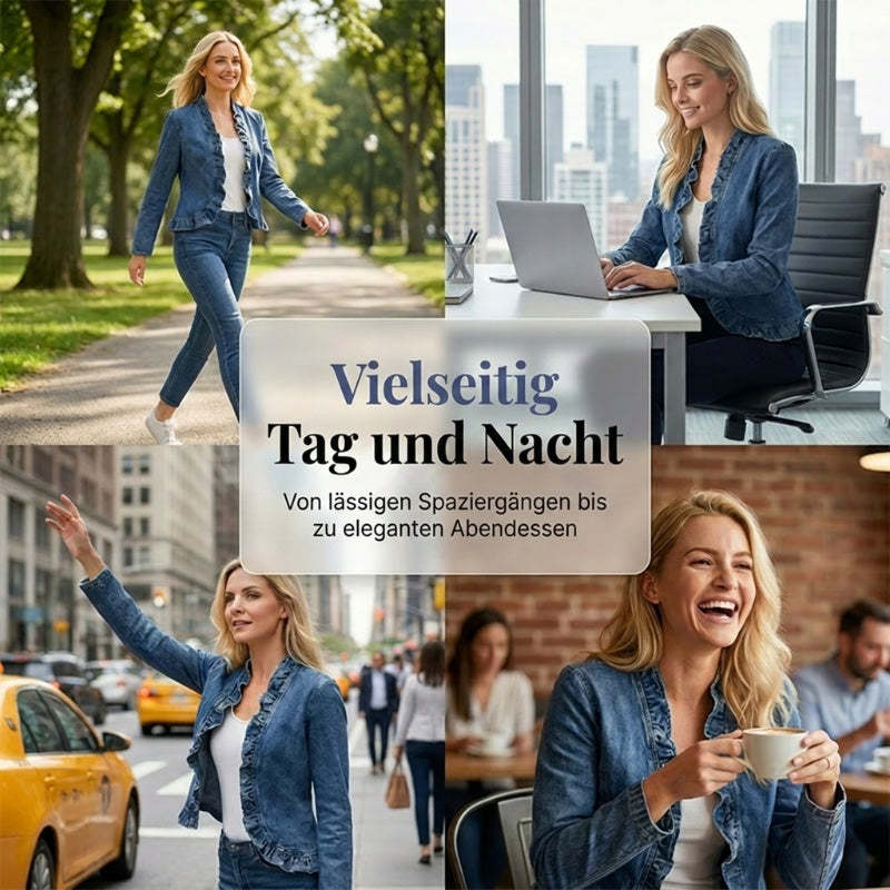 🧥 LIMITED-TIME 50% RABATT! ✨ Damen-Jeansjacke – Rüschenbesatz, Offenes Vorderteil, Leicht, Vielseitig ✨