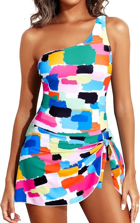 Women One Piece Swim Dress One Shoulder Swimsuit with Skirt Tummy Control Swimdress Bathing Suit