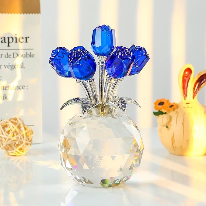 🔥Last Day 50% OFF - ❤️🌹Crystal Colorful Rose Flower Collectible Figurine with Vase