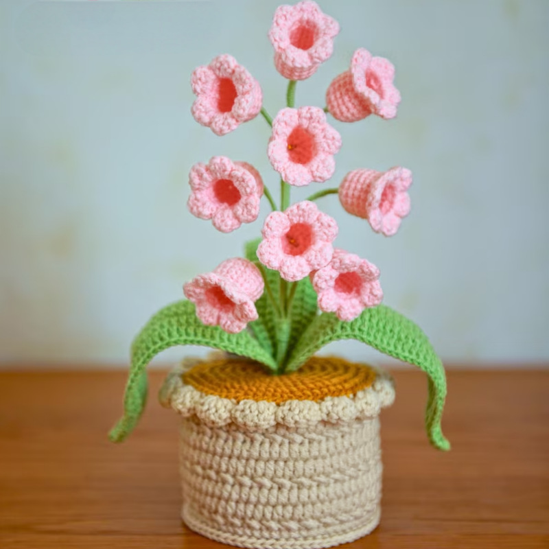 LED Light Crocheted Lily of the Valley - Glowing Potted Knit Flower Home Ambiance Decor