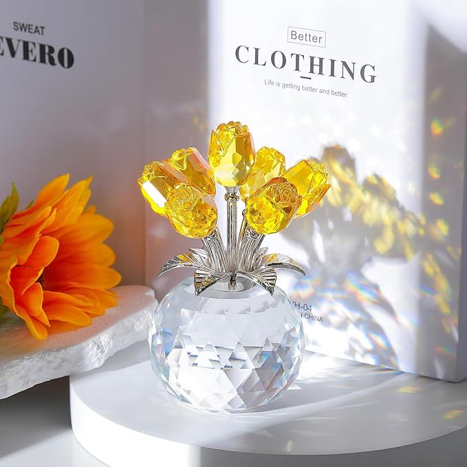 🔥Last Day 50% OFF - ❤️🌹Crystal Colorful Rose Flower Collectible Figurine with Vase