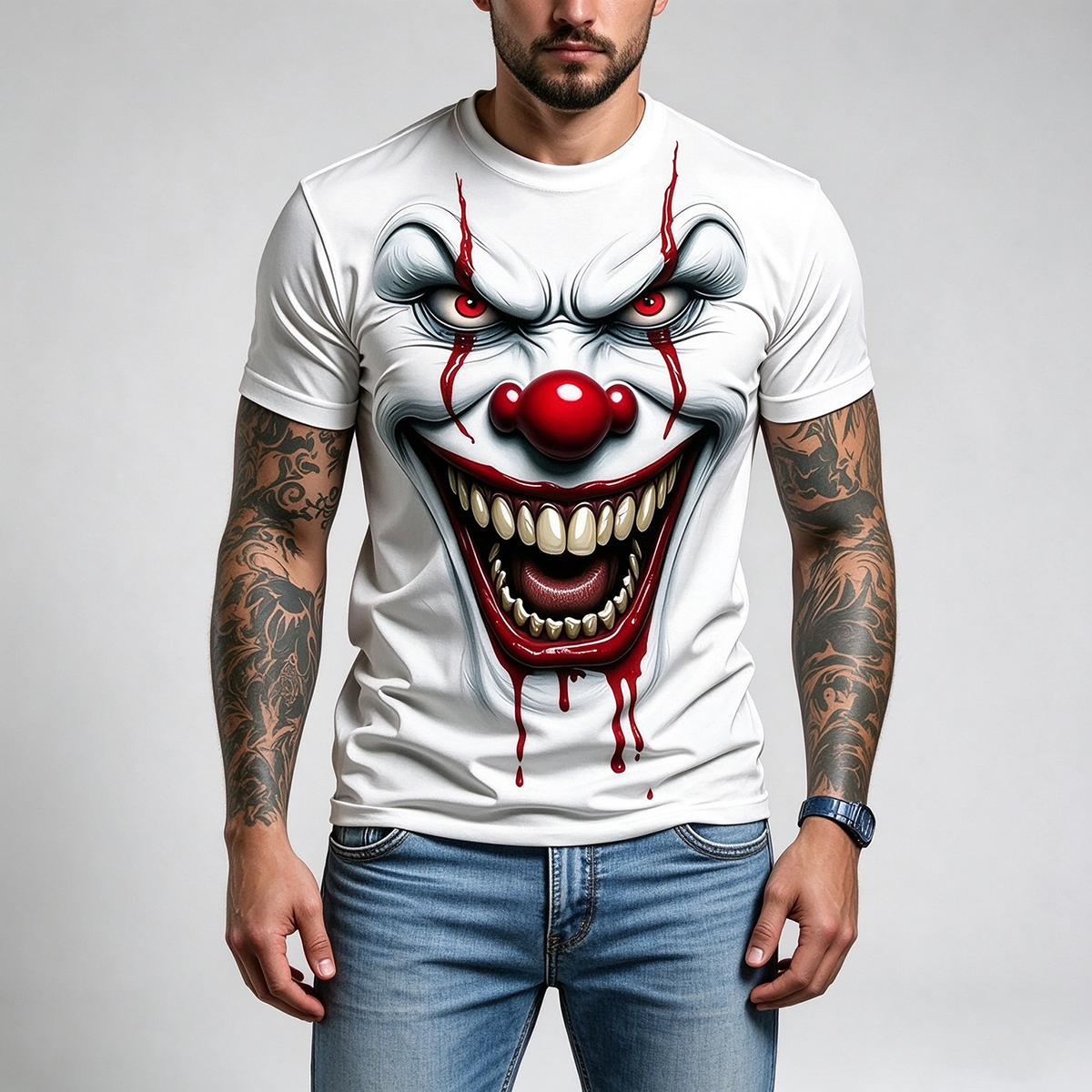 Men's Horror Clown Graphic T-Shirt, Stylish Halloween Grimace Tee, Casual Short Sleeve for Summer & Outdoor Wear