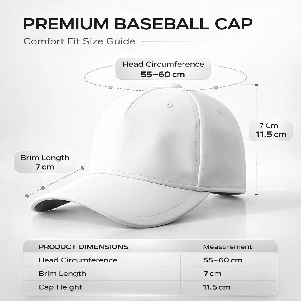 Product gallery size guide showing 55&ndash;60 cm head circumference, 7 cm brim and 11.5 cm cap height