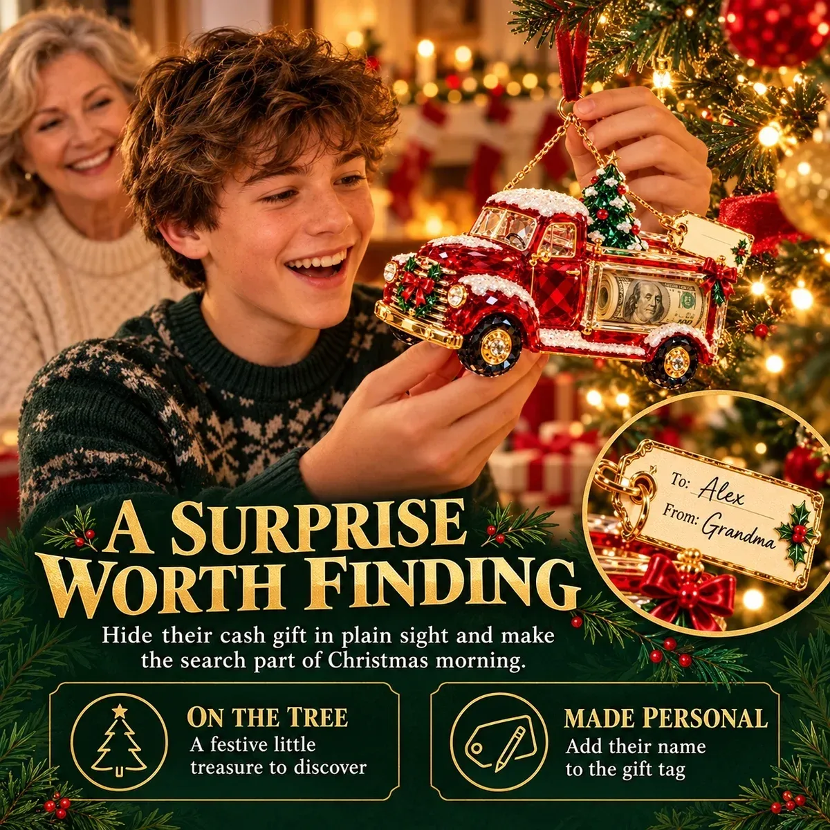 Recipient finding a Christmas cash ornament on the tree