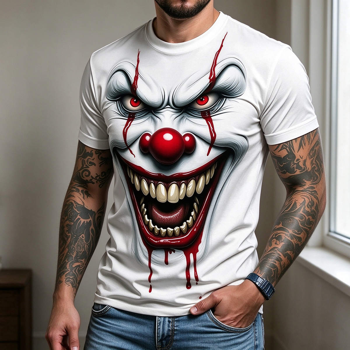 Men's Horror Clown Graphic T-Shirt, Stylish Halloween Grimace Tee, Casual Short Sleeve for Summer & Outdoor Wear