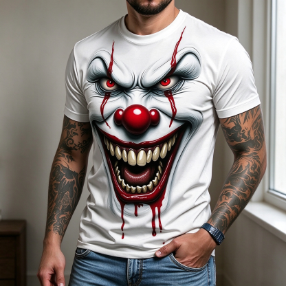 Men's Horror Clown Graphic T-Shirt, Stylish Halloween Grimace Tee, Casual Short Sleeve for Summer & Outdoor Wear