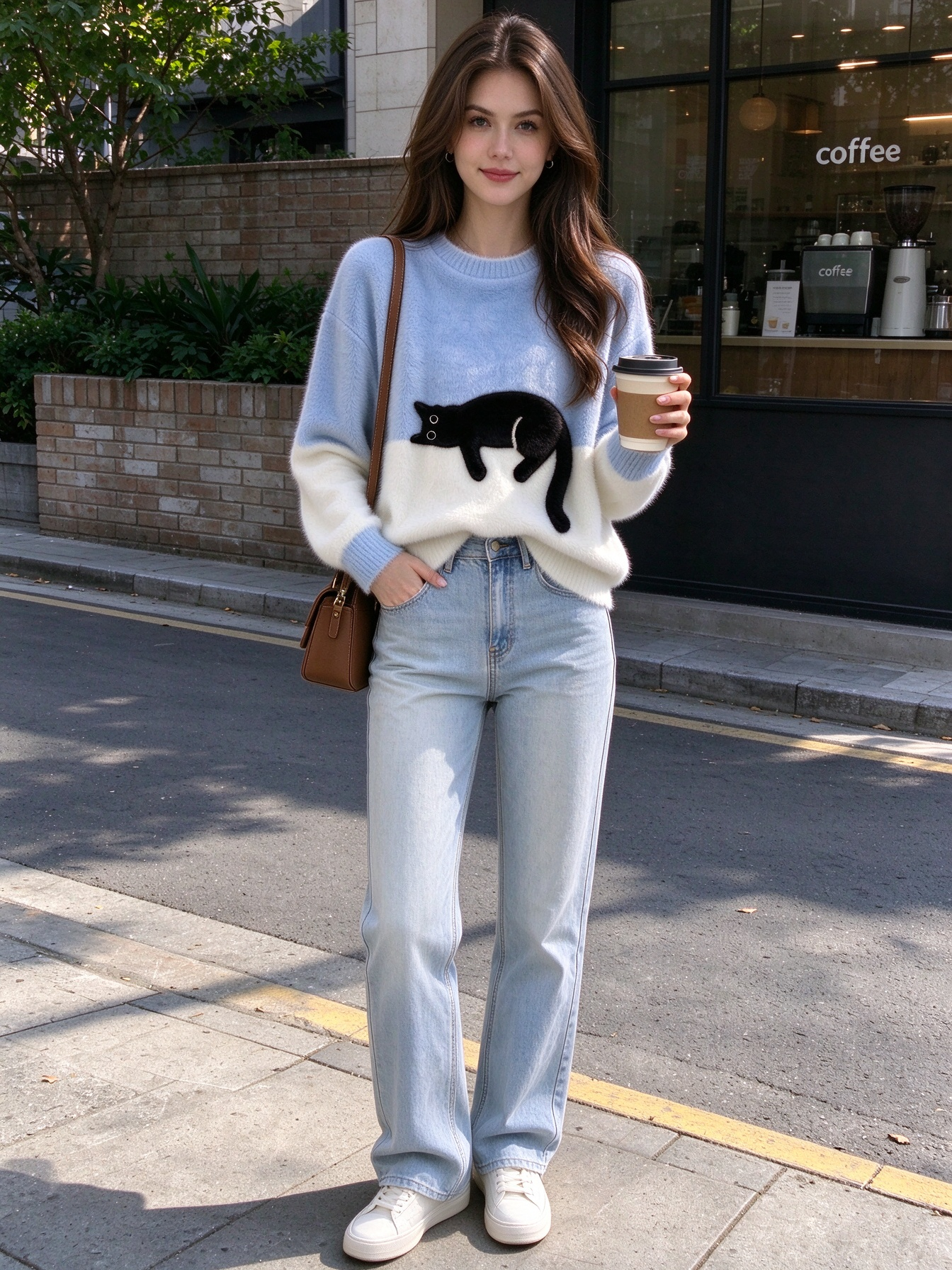 Elegant Cat Print Oversized Sweater