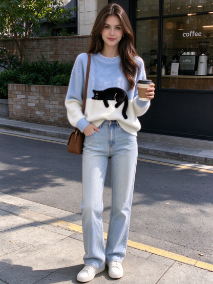 Elegant Cat Print Oversized Sweater