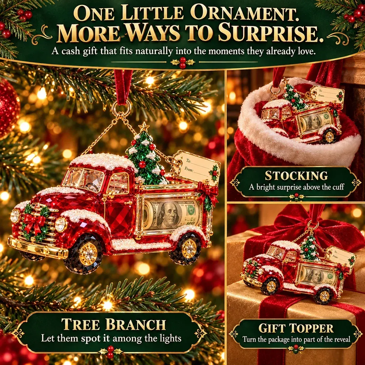 Three gift placements: Christmas tree, stocking and present topper