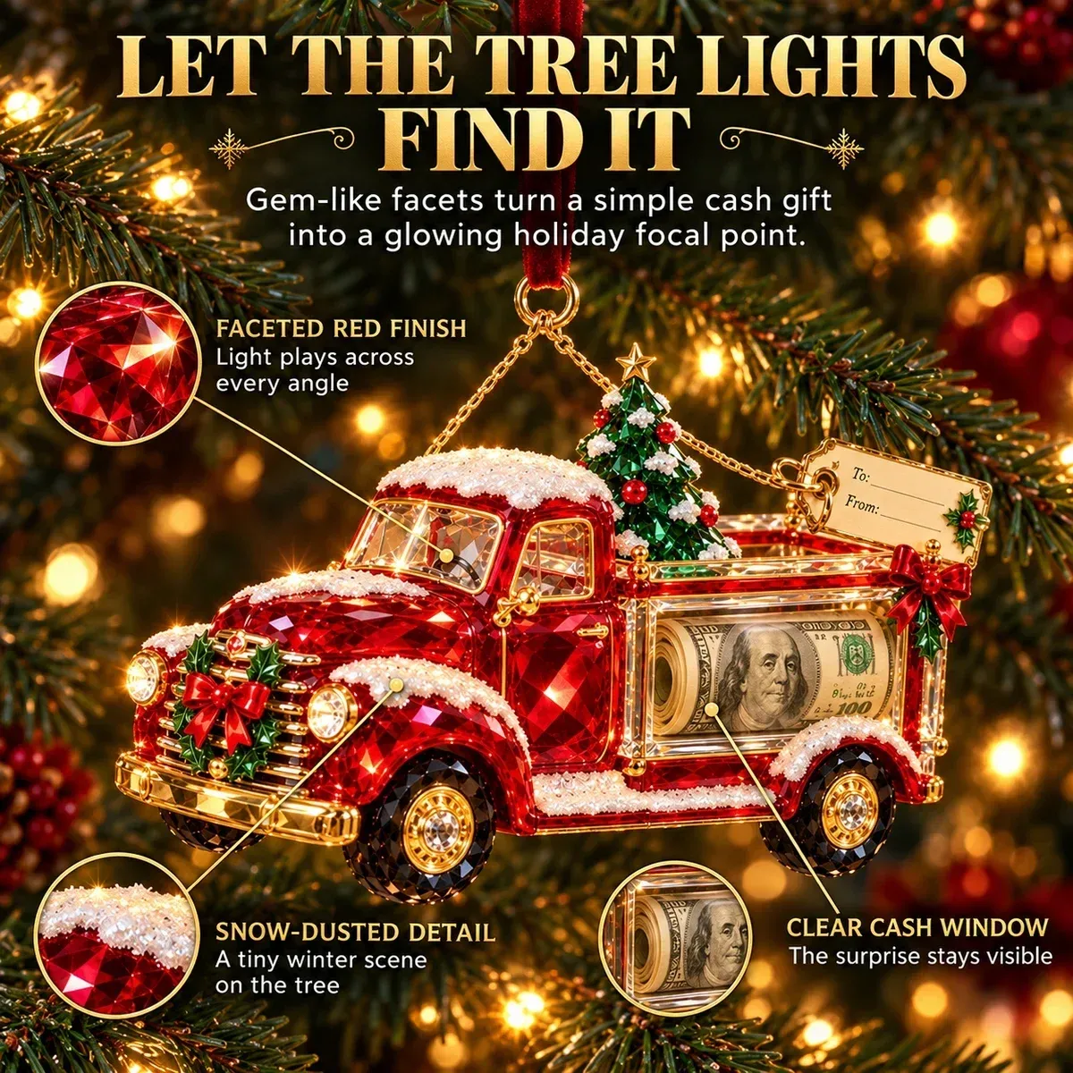 Red faceted truck ornament hanging among tree lights