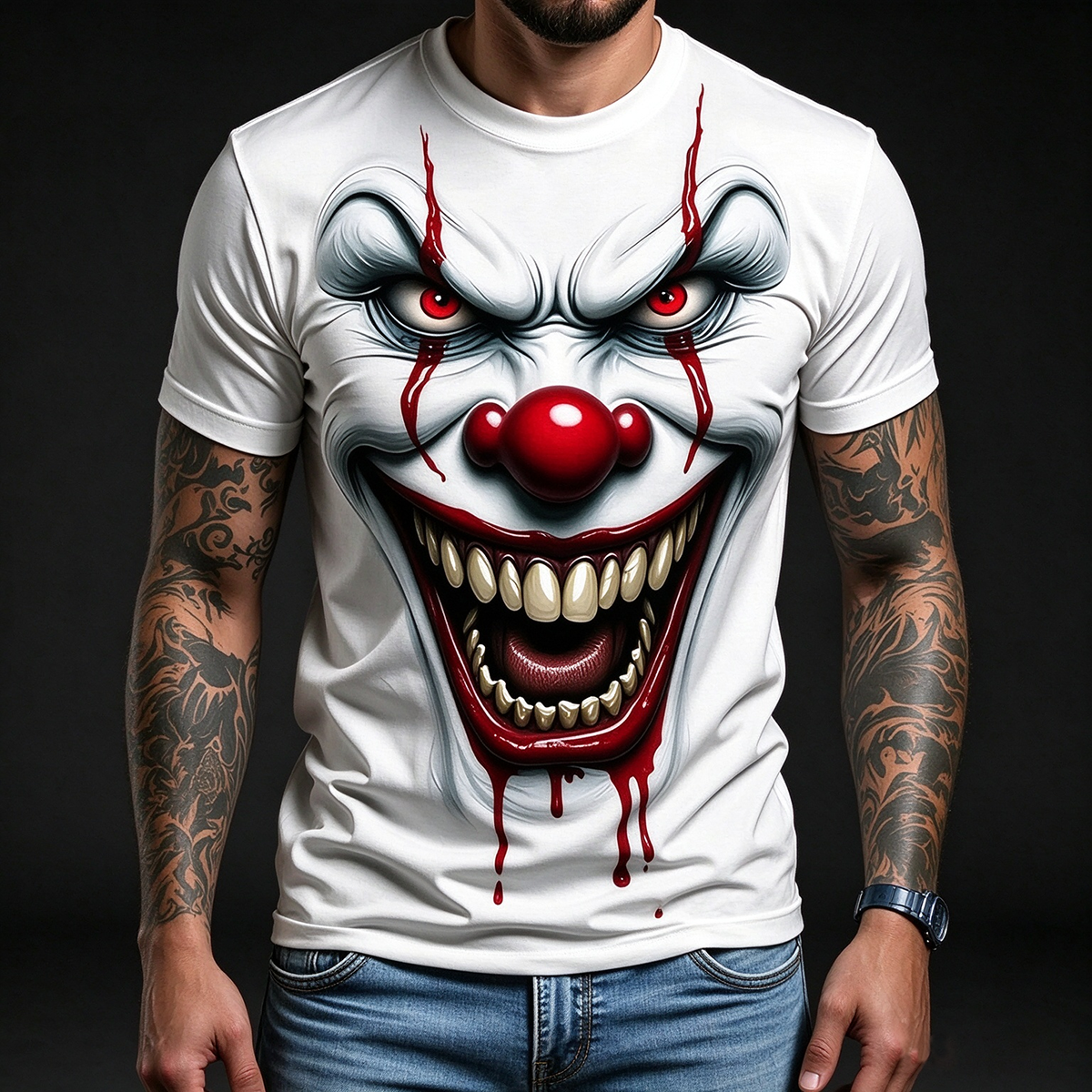 Men's Horror Clown Graphic T-Shirt, Stylish Halloween Grimace Tee, Casual Short Sleeve for Summer & Outdoor Wear