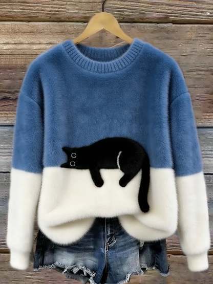 Elegant Cat Print Oversized Sweater