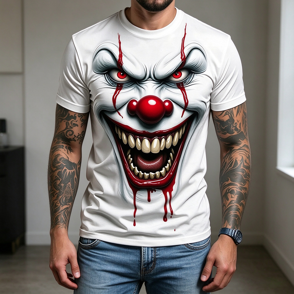 Men's Horror Clown Graphic T-Shirt, Stylish Halloween Grimace Tee, Casual Short Sleeve for Summer & Outdoor Wear