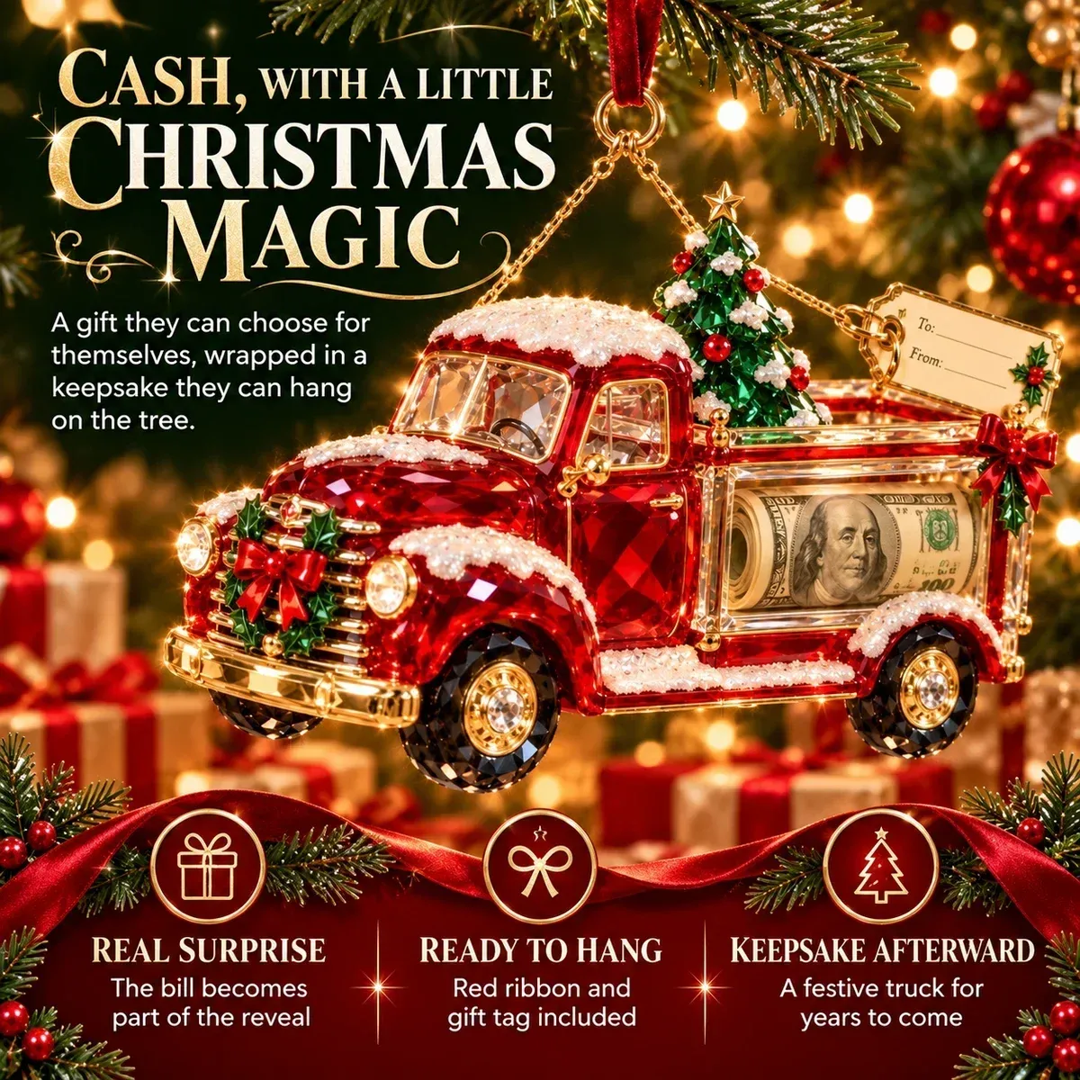 Vintage Christmas Truck cash gift ornament hanging from a Christmas tree