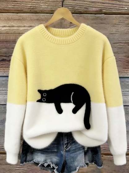 Elegant Cat Print Oversized Sweater