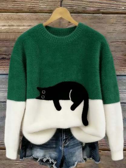 Elegant Cat Print Oversized Sweater