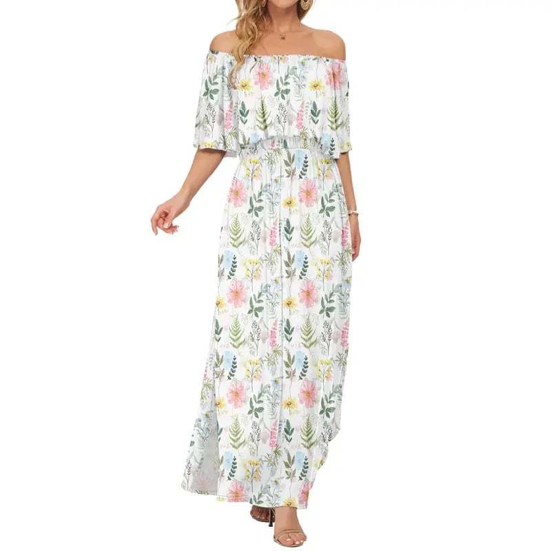 Women's Off The Shoulder Dress Wedding Guest Dress Summer Casual Long Ruffle Party Side Split Beach Maxi Dresses with Pockets