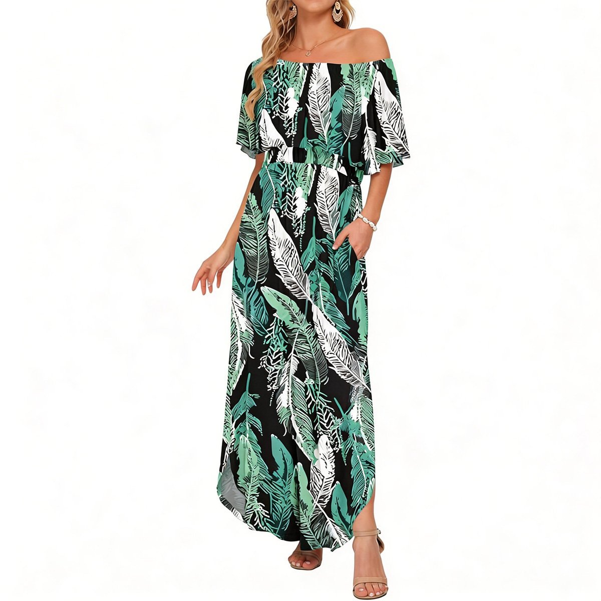Women's Off The Shoulder Dress Wedding Guest Dress Summer Casual Long Ruffle Party Side Split Beach Maxi Dresses with Pockets
