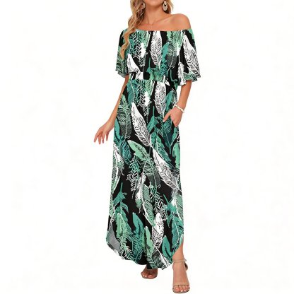 Women's Off The Shoulder Dress Wedding Guest Dress Summer Casual Long Ruffle Party Side Split Beach Maxi Dresses with Pockets