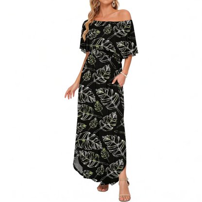 Women's Off The Shoulder Dress Wedding Guest Dress Summer Casual Long Ruffle Party Side Split Beach Maxi Dresses with Pockets