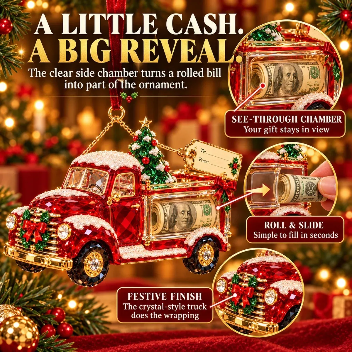 Close view of the transparent cash chamber and red truck ornament