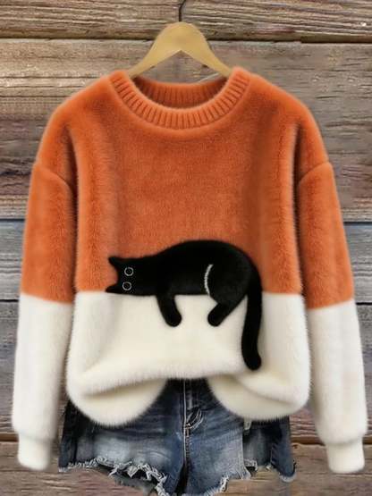 Elegant Cat Print Oversized Sweater