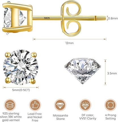 S925 Sterling Silver 18K Yellow Gold-Plated Moissanite Stud Earrings