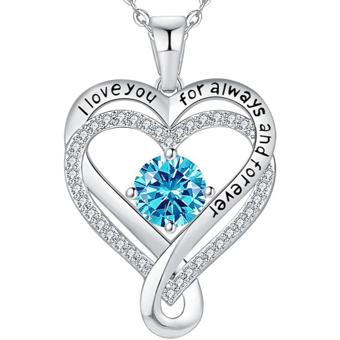 18K White Gold-Filled 925 Sterling Silver Infinity Love Heart Birthstone Necklace