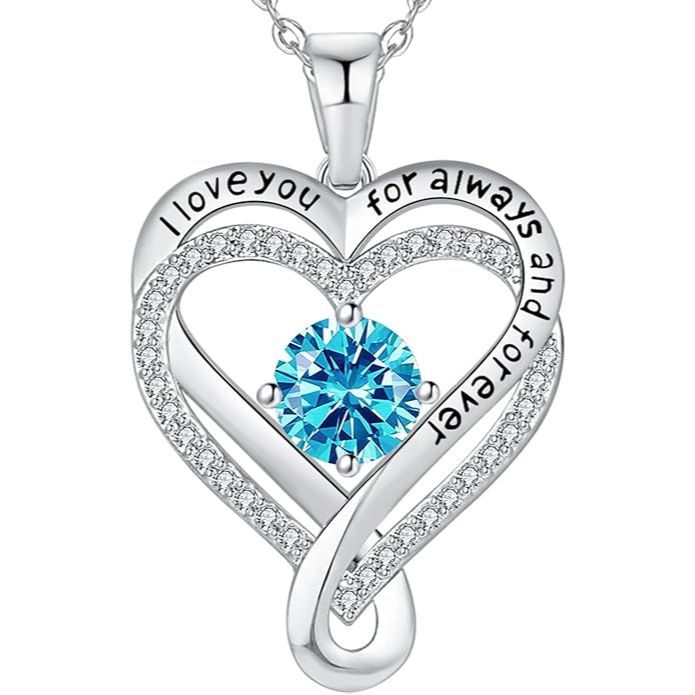 18K White Gold-Filled 925 Sterling Silver Infinity Love Heart Birthstone Necklace