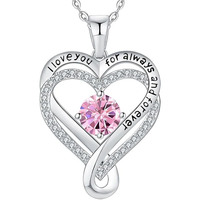 18K White Gold-Filled 925 Sterling Silver Infinity Love Heart Birthstone Necklace