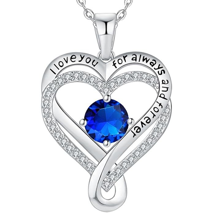 18K White Gold-Filled 925 Sterling Silver Infinity Love Heart Birthstone Necklace
