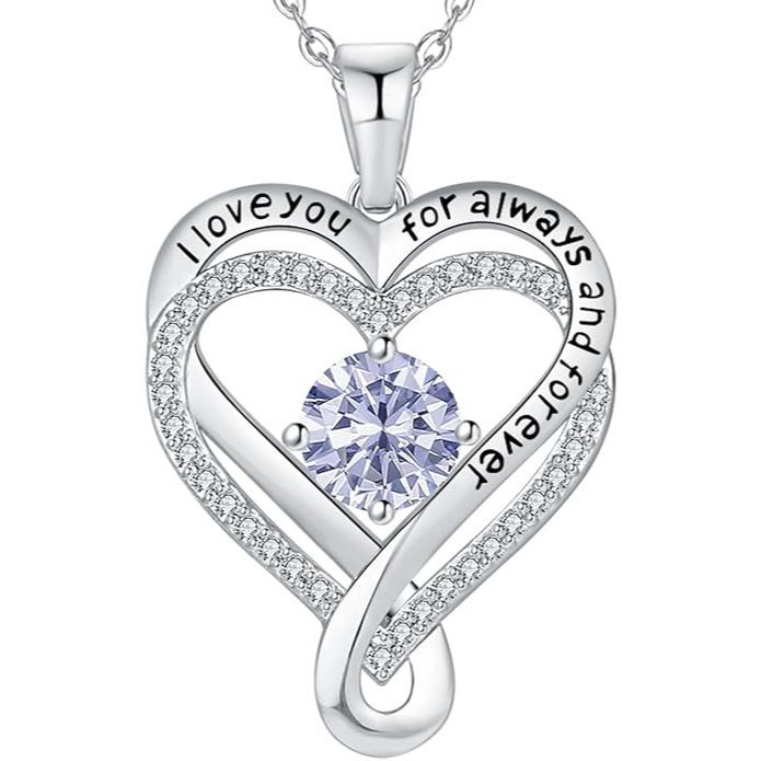 18K White Gold-Filled 925 Sterling Silver Infinity Love Heart Birthstone Necklace