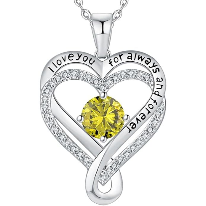 18K White Gold-Filled 925 Sterling Silver Infinity Love Heart Birthstone Necklace
