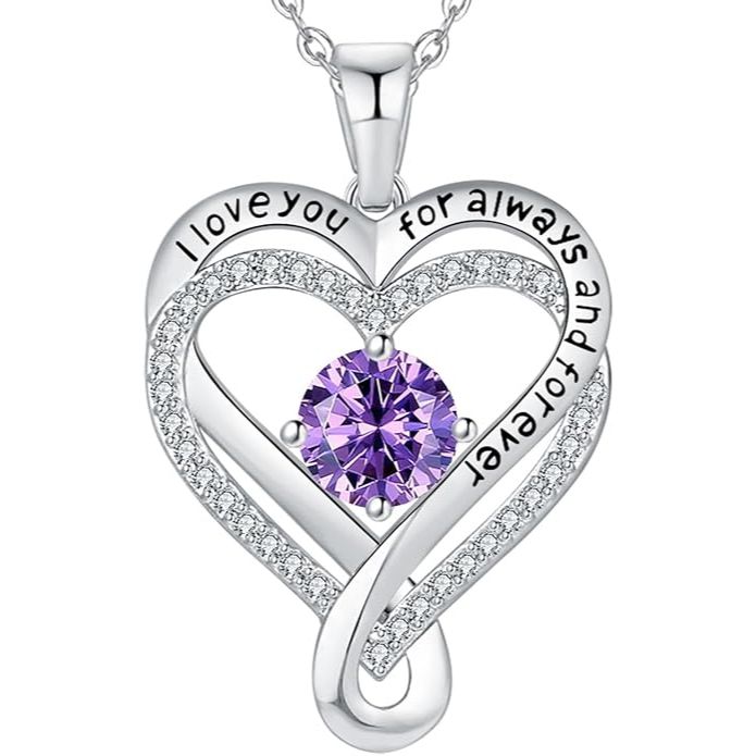 18K White Gold-Filled 925 Sterling Silver Infinity Love Heart Birthstone Necklace