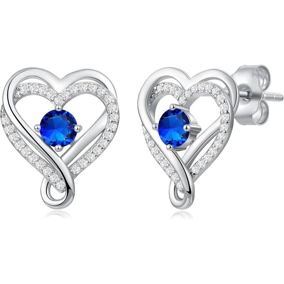 925 Sterling Silver Infinity Heart Sapphire Birthstone Stud Earrings